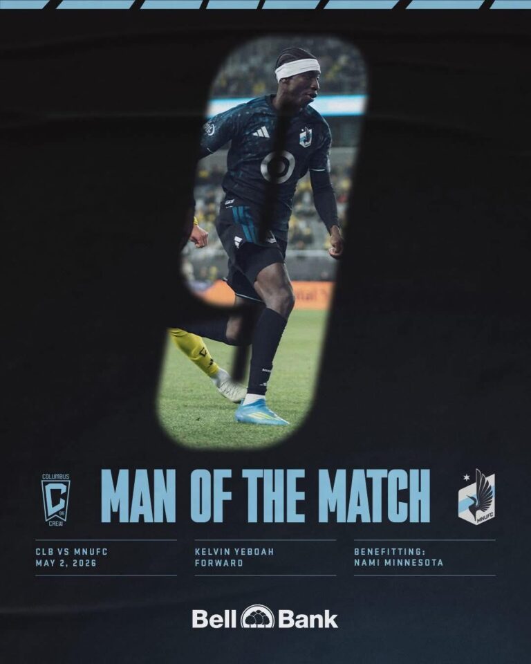 Soccer player in a dark kit with a white headband running on a field, seen through a goal opening, with large 'MAN OF THE MATCH' text below.