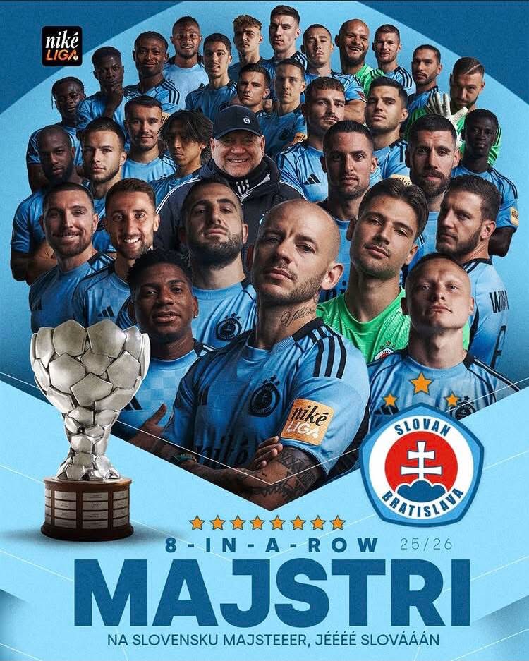 Slovan Bratislava football team posing with a trophy on a blue poster celebrating eight consecutive league titles (8 in a row).