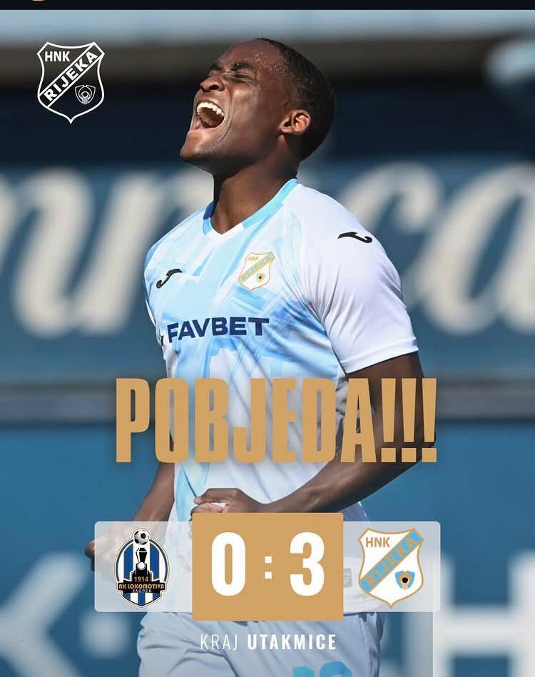 Celebrating footballer in a light-blue kit shouting with joy; POBJEDA!!! overlay and a 0:3 score with team crests (HNK Rijeka on left).