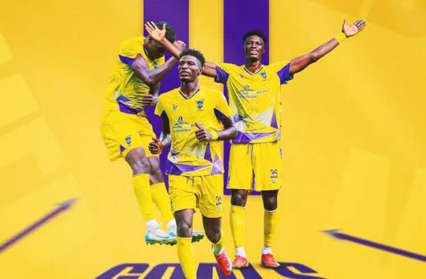 Celebratory soccer poster: three players in yellow kits pose in front of a large purple '11' on a bright yellow background, with 'GOALS' and 'SALIM ADAMS' text at bottom.