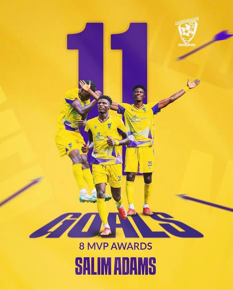Celebratory soccer poster: three players in yellow kits pose in front of a large purple '11' on a bright yellow background, with 'GOALS' and 'SALIM ADAMS' text at bottom.