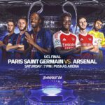 Promotional UCL Final poster: Paris Saint‑Germain vs Arsenal, with players in blue and red kits posing beside the trophy in a stadium backdrop at Puskás Aréna, Budapest; event title included at bottom.