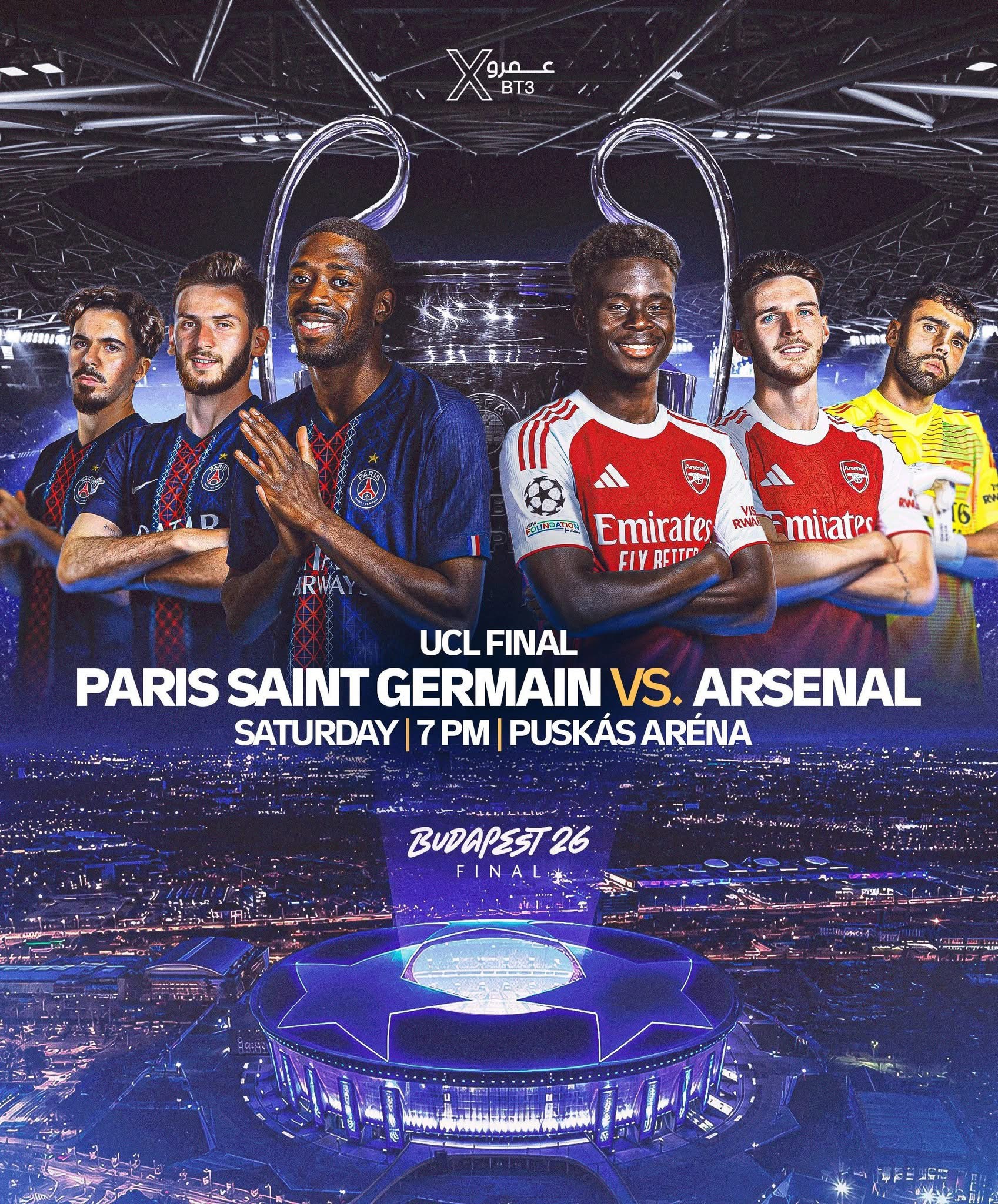 Promotional UCL Final poster: Paris Saint‑Germain vs Arsenal, with players in blue and red kits posing beside the trophy in a stadium backdrop at Puskás Aréna, Budapest; event title included at bottom.