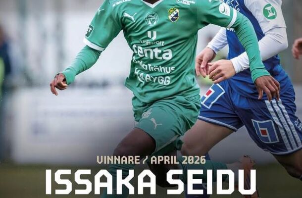Poster announcing Issaka Seidu as April 2025 Player of the Month for Ljungskile SK, featuring two players on a soccer field.