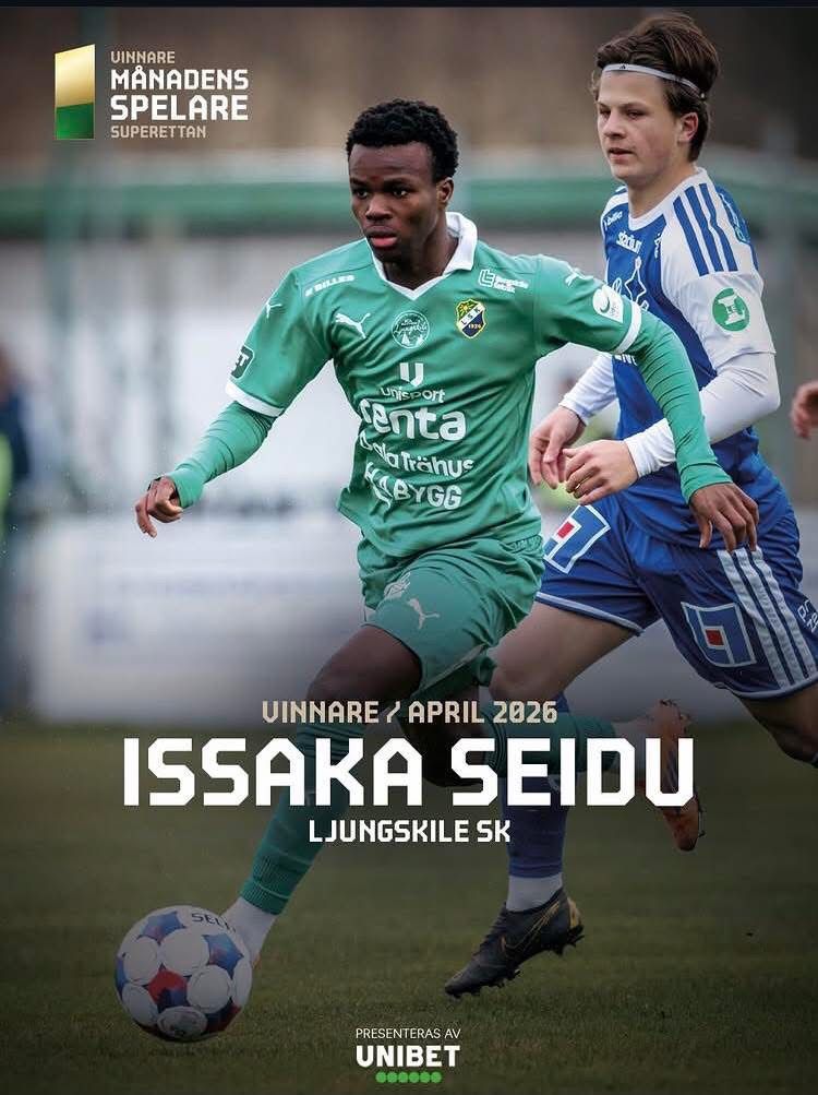 Poster announcing Issaka Seidu as April 2025 Player of the Month for Ljungskile SK, featuring two players on a soccer field.
