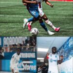 Collage of three soccer players: top image shows two players (blue and white kits) competing for the ball on a green field; bottom left a white‑kit player dribbles; bottom right a white‑kit player celebrates indoors.