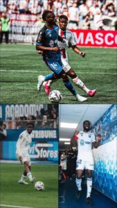 Collage of three soccer players: top image shows two players (blue and white kits) competing for the ball on a green field; bottom left a white‑kit player dribbles; bottom right a white‑kit player celebrates indoors.