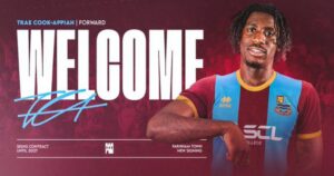 Club welcome poster for a new signing, with a smiling footballer in a maroon and light-blue kit and a large 'WELCOME' headline on a maroon background.