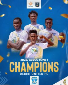 Four Debibi United FC players pose in white-yellow jerseys on a blue celebration poster, proclaiming 2025/26 Dol Zone 1 Champions with confetti and logos above and below the image.