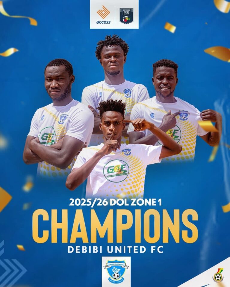 Four Debibi United FC players pose in white-yellow jerseys on a blue celebration poster, proclaiming 2025/26 Dol Zone 1 Champions with confetti and logos above and below the image.