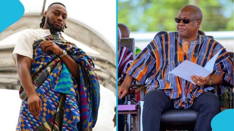 Two men in colorful traditional fabrics: a younger man on the left adjusting a vibrant wrap, an older man on the right in a striped garment holding papers and wearing sunglasses.