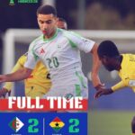 Full-time moment from the U-17 Africa Cup of Nations: Algeria 2–2 Ghana, with a white‑and‑green Algeria player (#20) controlling the ball as a Ghanaian defender closes in.