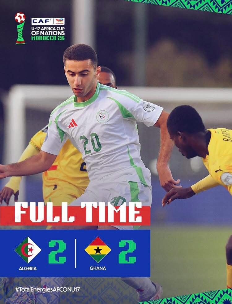 Full-time moment from the U-17 Africa Cup of Nations: Algeria 2–2 Ghana, with a white‑and‑green Algeria player (#20) controlling the ball as a Ghanaian defender closes in.