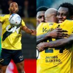 Split image: left shows a soccer player in a yellow kit kicking the ball; right shows teammates in yellow embracing in celebration after a goal.