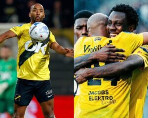 Split image: left shows a soccer player in a yellow kit kicking the ball; right shows teammates in yellow embracing in celebration after a goal.