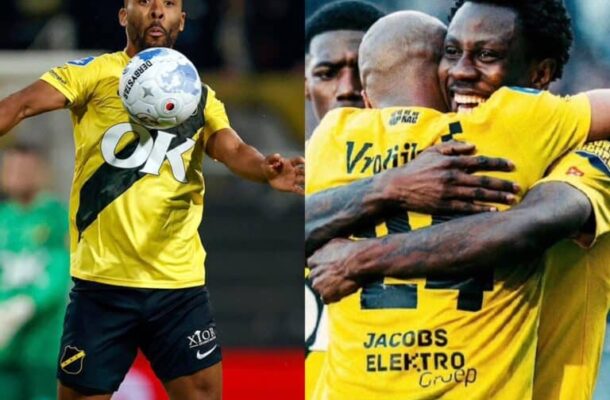 Split image: left shows a soccer player in a yellow kit kicking the ball; right shows teammates in yellow embracing in celebration after a goal.