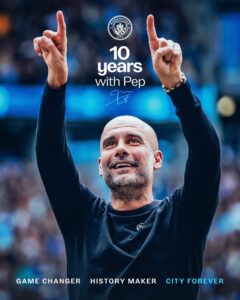 Pep Guardiola celebrating with both arms raised, Manchester City crest above and '10 years with Pep' text overlay.