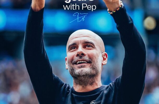 IMG_0637 | Ghanaguardian.com Pep Guardiola celebrating with both arms raised, Manchester City crest above and '10 years with Pep' text overlay.