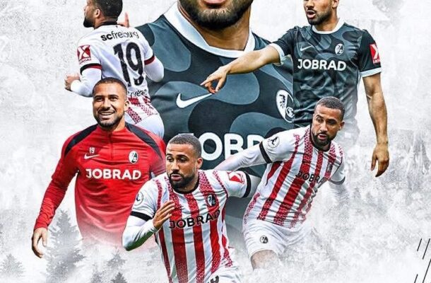 Collage of football players in white, red, and black kits with 'JOBRAD' sponsor, set against a snowy background and bold 'DANKE KOFT' text at the bottom.