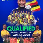 Uganda U-17 national team poster: coach behind a large group of players in yellow and navy kits, Uganda flag in the background, with 'Qualified' and 'Qatar 2026' text (FIFA U-17 World Cup qualifier).