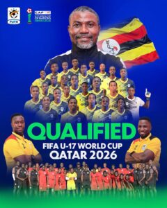 Uganda U-17 national team poster: coach behind a large group of players in yellow and navy kits, Uganda flag in the background, with 'Qualified' and 'Qatar 2026' text (FIFA U-17 World Cup qualifier).