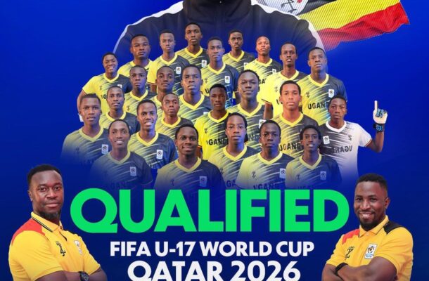 Uganda U-17 national team poster: coach behind a large group of players in yellow and navy kits, Uganda flag in the background, with 'Qualified' and 'Qatar 2026' text (FIFA U-17 World Cup qualifier).