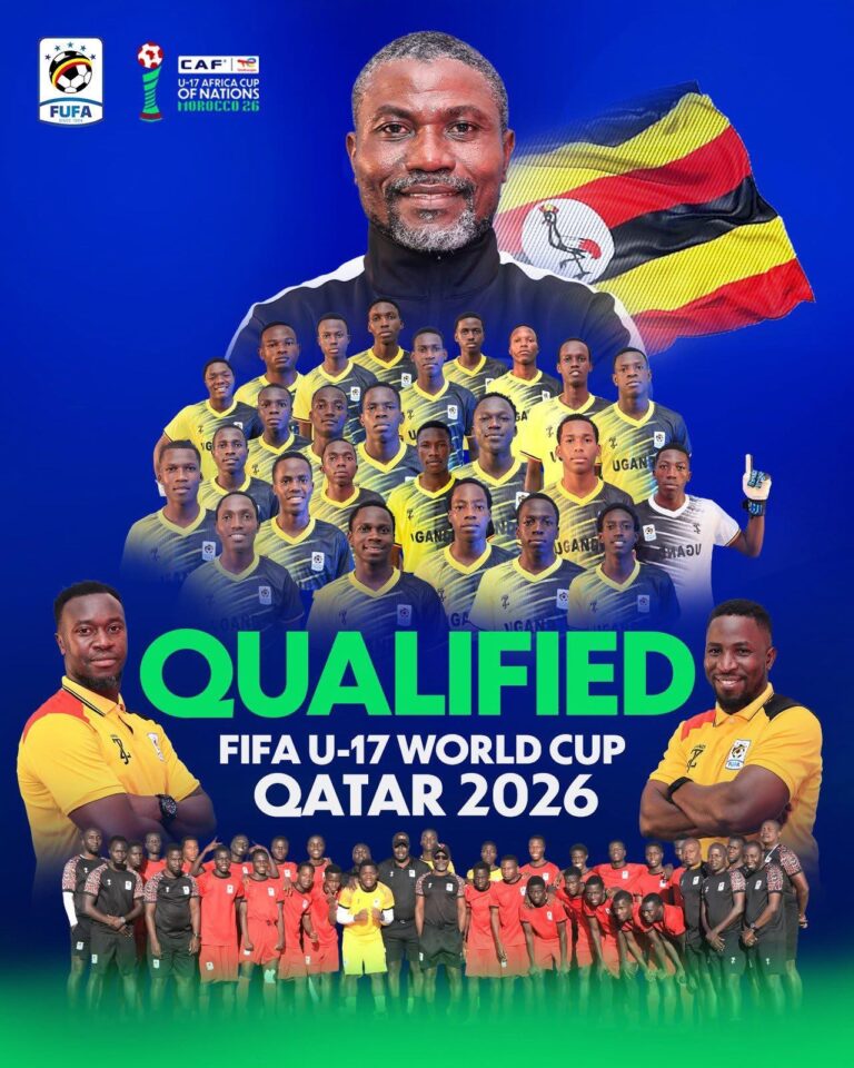Uganda U-17 national team poster: coach behind a large group of players in yellow and navy kits, Uganda flag in the background, with 'Qualified' and 'Qatar 2026' text (FIFA U-17 World Cup qualifier).