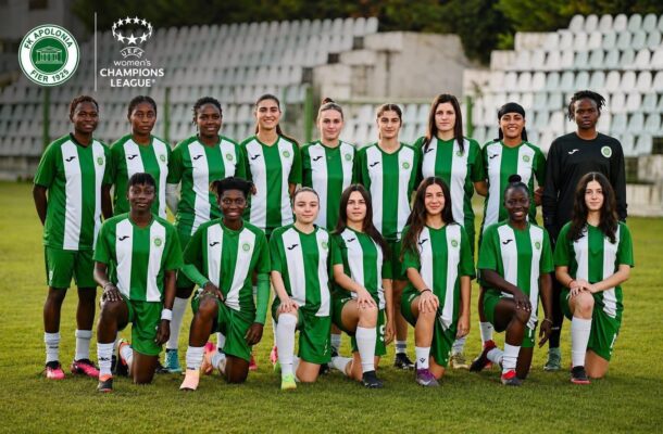 IMG_0651 | Ghanaguardian.com Women's soccer team in green and white striped kits posing on a field with stadium seats in the background; UEFA Women's Champions League logo visible on the image.