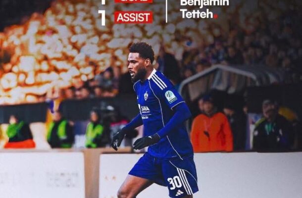Soccer player Benjamin Tetteh in blue kit controls the ball on a pitch; overlay shows 'Sudden Effect' with 1 GOAL and 1 ASSIST.