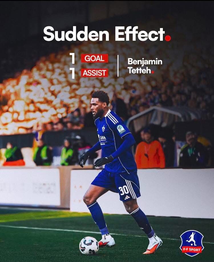 Soccer player Benjamin Tetteh in blue kit controls the ball on a pitch; overlay shows 'Sudden Effect' with 1 GOAL and 1 ASSIST.