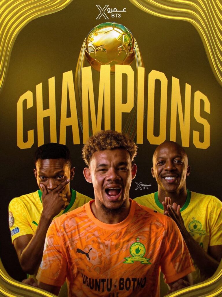 Three football players pose in front of a bold 'CHAMPIONS' poster with a golden trophy, celebrating victory; one wears an orange jersey in front, flanked by two players in yellow jerseys.