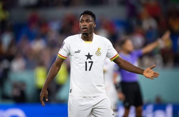 IMG_0748 | Ghanaguardian.com Soccer player in a white jersey with a black star and number 17, arms outstretched on the field during a match.