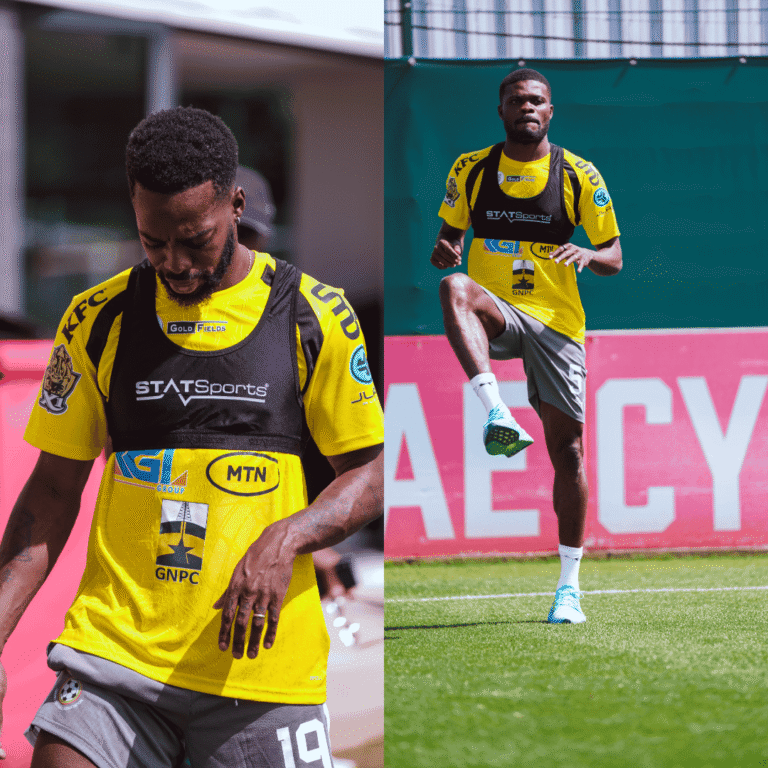Split image of a male footballer in a yellow training kit with sponsor logos; left panel shows him looking down and adjusting gear, right panel shows him mid-jump on a grassy pitch in front of a pink advertising board.