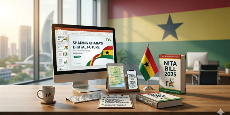 Desk setup showing Ghana-themed office with computer displaying 'Shaping Ghana's Digital Future' slide and flag backdrop for a digital policy scene.