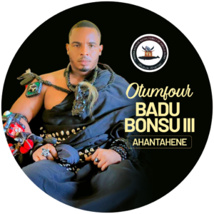 Portrait of Otumfour Badu Bonsu III, Ahanta ruler, in ceremonial black robe with beads, beside a circular royal emblem and gold text reading AHANTAHENE.