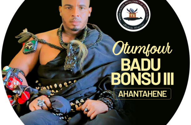 Portrait of Otumfour Badu Bonsu III, Ahanta ruler, in ceremonial black robe with beads, beside a circular royal emblem and gold text reading AHANTAHENE.