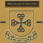 Peki College of Education crest on a gold textured background: a shield with an ornate cross, motto Nihil Sine Labore, and the year 1954, topped by a plaque reading the college name.