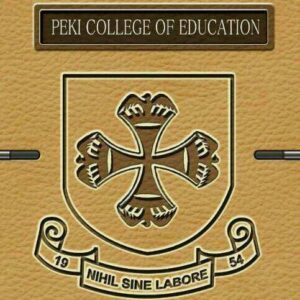 Peki College of Education crest on a gold textured background: a shield with an ornate cross, motto Nihil Sine Labore, and the year 1954, topped by a plaque reading the college name.