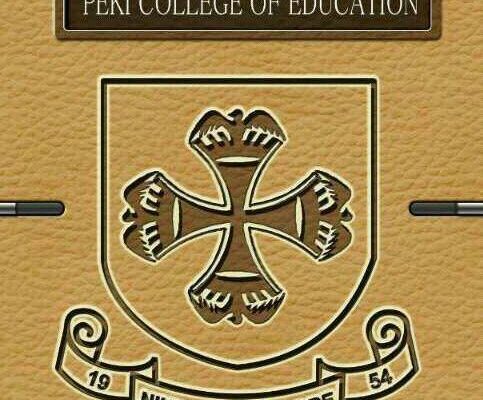 Peki College of Education crest on a gold textured background: a shield with an ornate cross, motto Nihil Sine Labore, and the year 1954, topped by a plaque reading the college name.