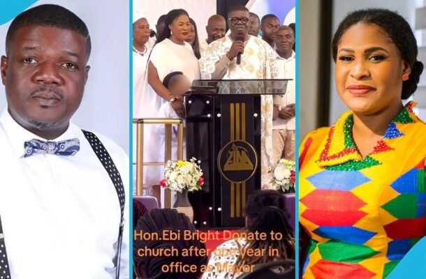 A three-panel collage: left a man in a white shirt with a bow tie and suspenders, middle a speaker at a church podium with worshippers in the background, right a woman in a bright multicolored traditional dress smiling.