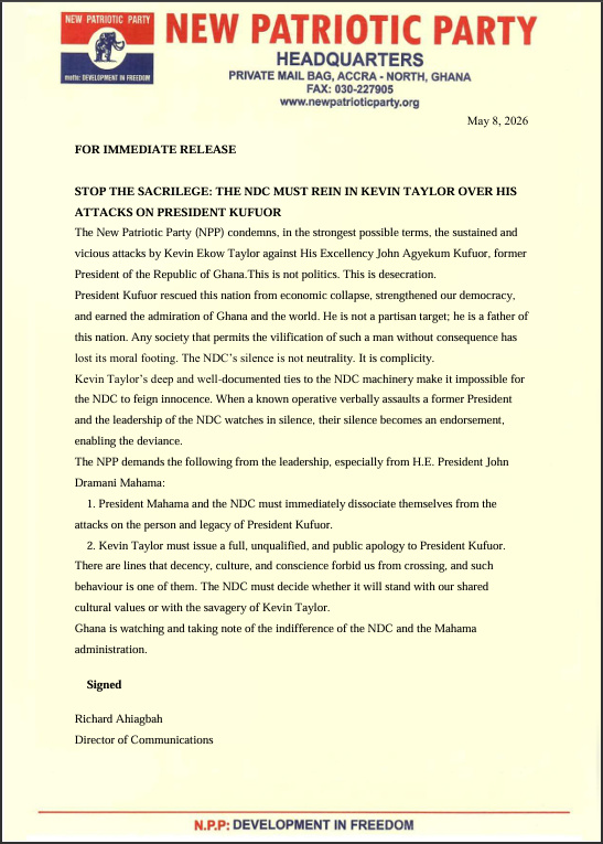 Scan of a New Patriotic Party (NPP) Headquarters letterhead press release dated May 8, 2026, condemning Kevin Ekow Taylor and demanding leadership action against him.