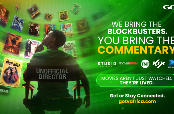 A person sits in a director’s chair labeled UNOFFICIAL DIRECTOR as colorful movie posters float around on a green-tinted background, advertising GOTV Africa.