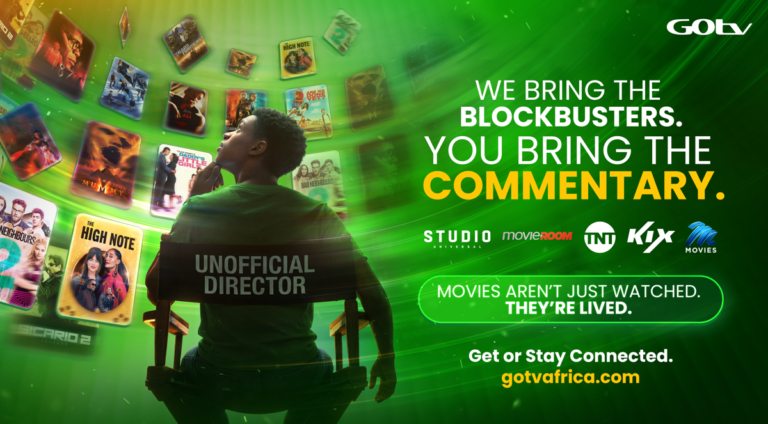 A person sits in a director’s chair labeled UNOFFICIAL DIRECTOR as colorful movie posters float around on a green-tinted background, advertising GOTV Africa.