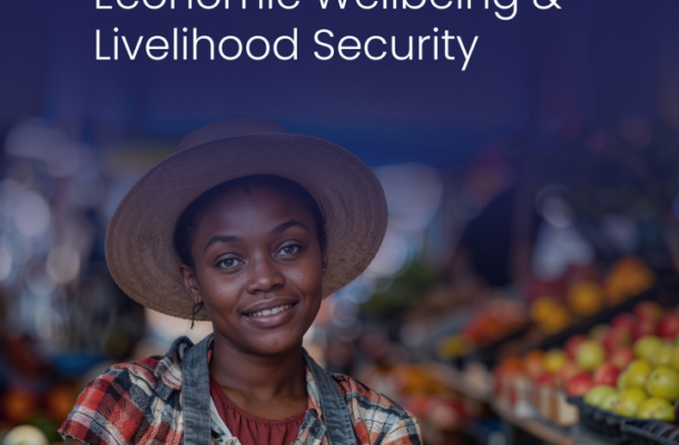 Cover image for Ghana Wellbeing Tracker: Economic Wellbeing & Livelihood Security; smiling market woman in a fruit market; April 2026.