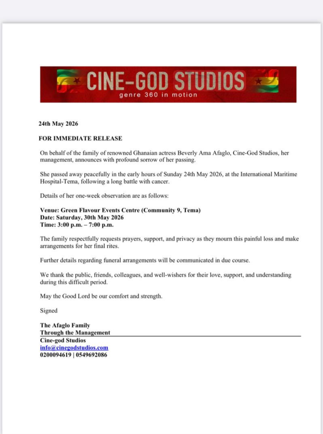 Screenshot_20260525-190232-543 | Ghanaguardian.com Press release from Cine-God Studios with a red banner header reading 'CINE-GOD STUDIOS' and a date line '24th May 2026' detailing a memorial notice and event details for Beverly Ama Afaglo's passing.