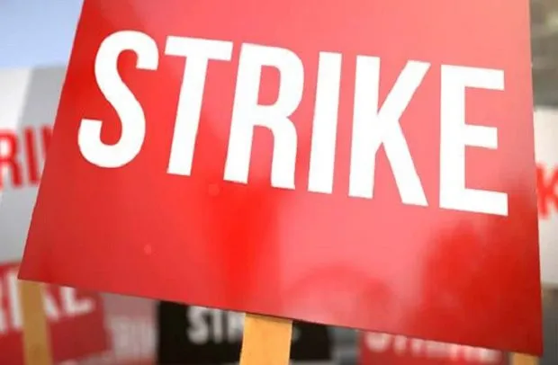 Red protest sign reading 'STRIKE' in bold white letters, mounted on a wooden handle at a rally.
