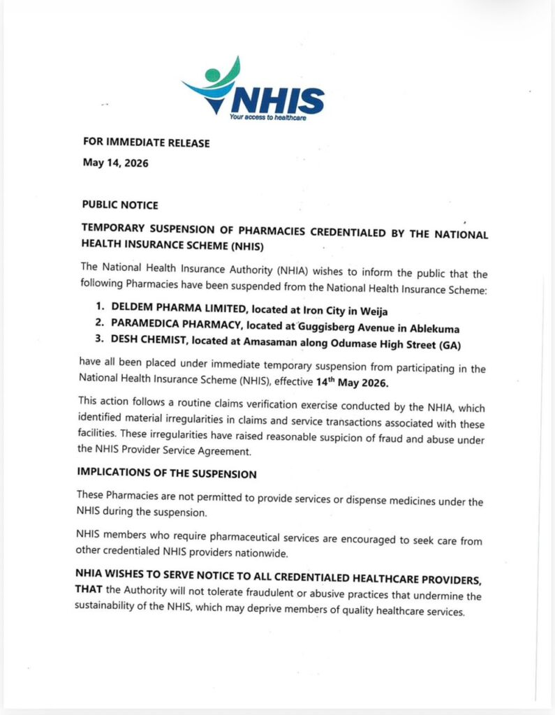 NHIS public notice document dated May 14, 2026 announcing temporary suspension of pharmacies credentialed by NHIS, listing three pharmacies and outlining implications of the suspension.