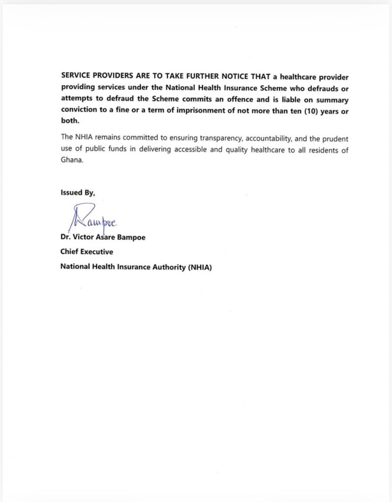 Official NHIA document page showing the issued-by block with Dr. Victor Asare Bampoe, Chief Executive, National Health Insurance Authority (Ghana).
