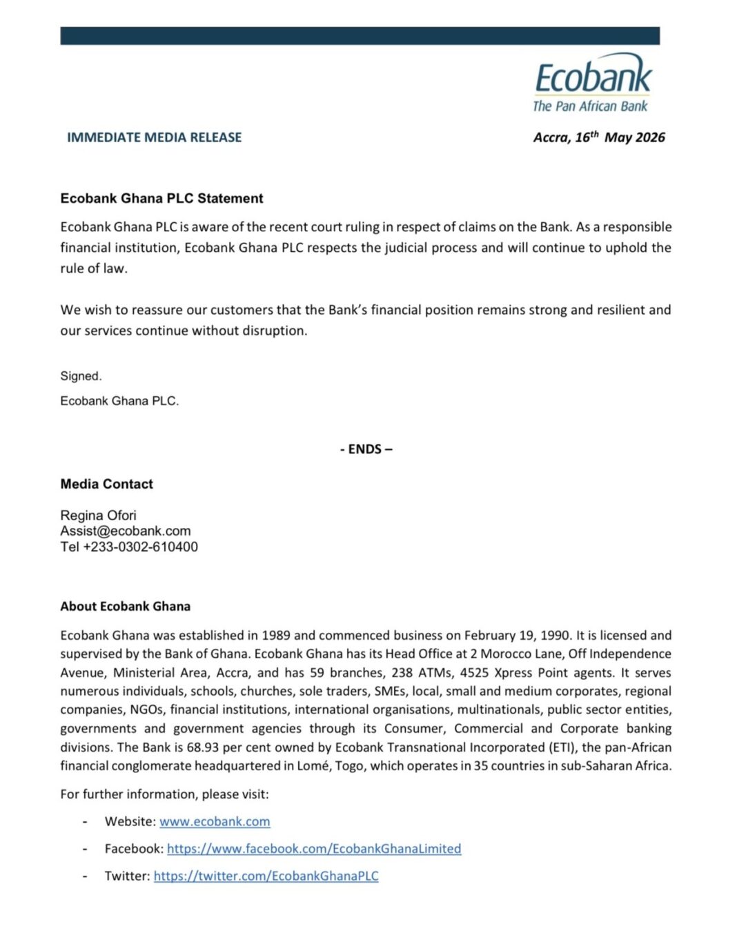 Ecobank Ghana PLC press release page with logo in top right and date Accra, 16 May 2026, titled 'Ecobank Ghana PLC Statement'.