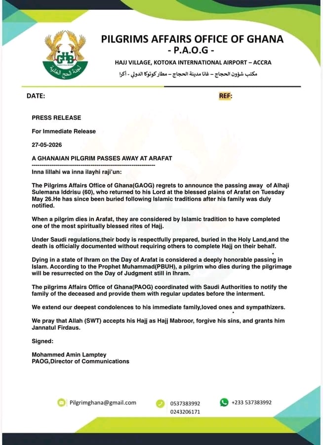 Official press release from Pilgrims Affairs Office Ghana (GAOG) with logo, announcing the death of Alhaji Sulemana Idrissu at Arafat on 27-05-2026, and condolences.